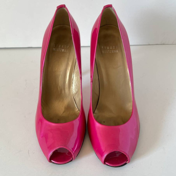Stuart Weitzman Bright Pink Patent Leather Peeptoe Pumps, Size 7 🗣 - Picture 3 of 6